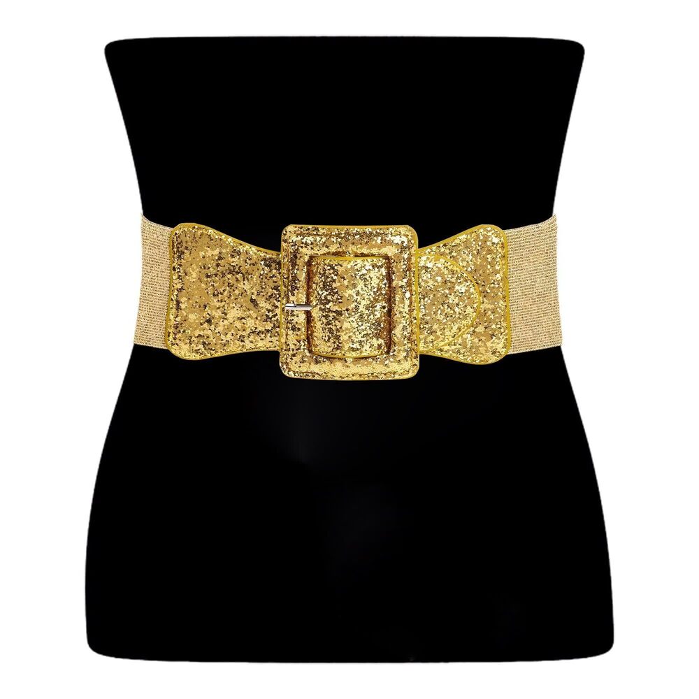 4968 Gold Belt For Women Glitter Wide Waist Elastic Stretch Shiny